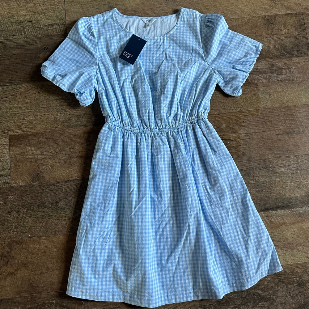 Women's Crown & Ivy Blue White Gingham Short Sleeve Dress S